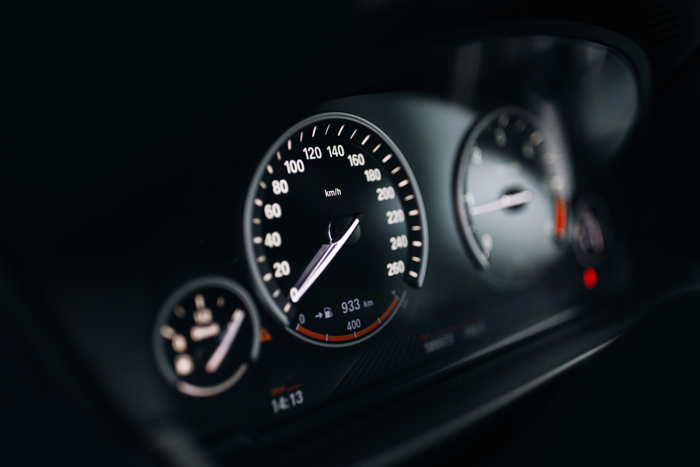 A close-up look at a BMW car’s speedometer and dashboard displaying that the BMW won’t start.