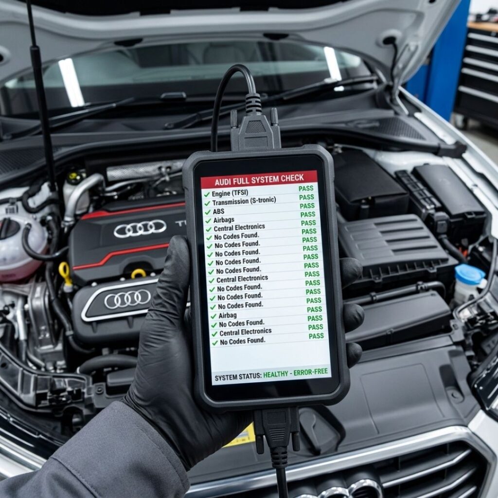 A professional mechanic's hand-held diagnostic screen showing a clean check on a modern German engine.