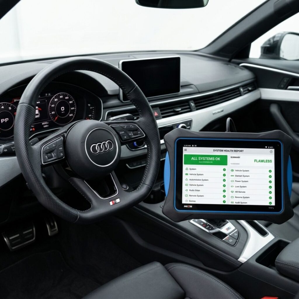 A handheld diagnostic scanner displaying a completed, successful system health check inside a clean luxury vehicle.